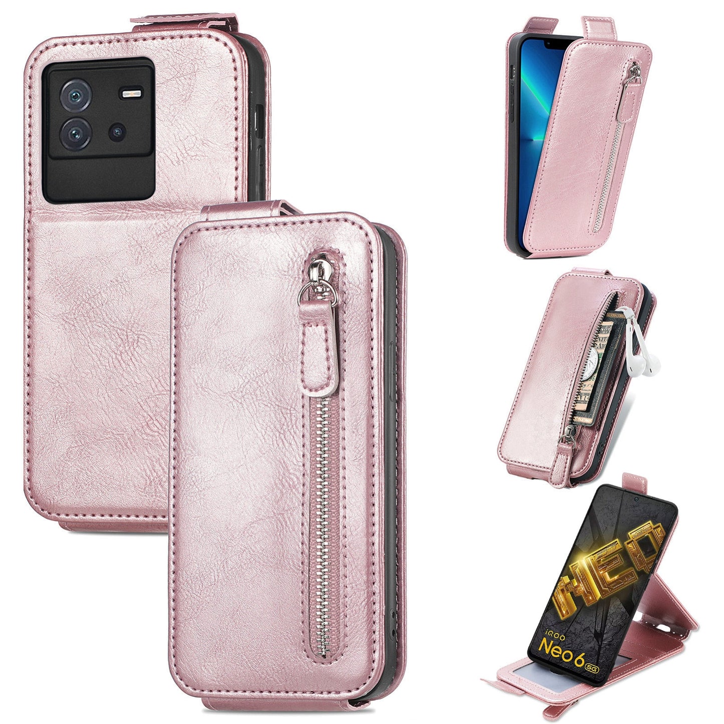 vivo iQOO Neo 6 Zipper Wallet Case - Vertical Flip Leather Phone Cover with Multiple Card Slots and Stand