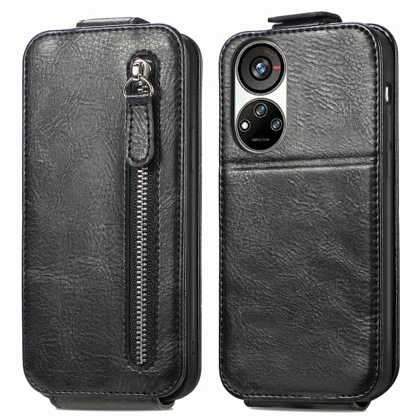 ZTE Blade V40s Zipper Wallet Case - Vertical Flip Leather Phone Cover with Multiple Card Slots and Stand