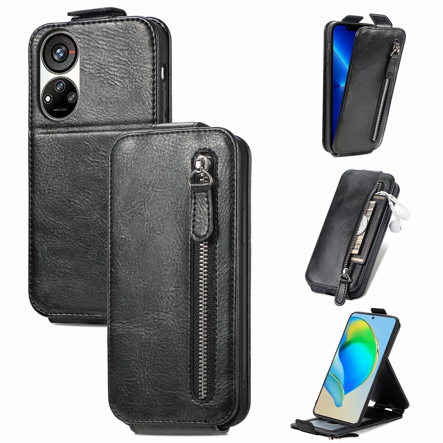 ZTE Blade V40s Zipper Wallet Case - Vertical Flip Leather Phone Cover with Multiple Card Slots and Stand