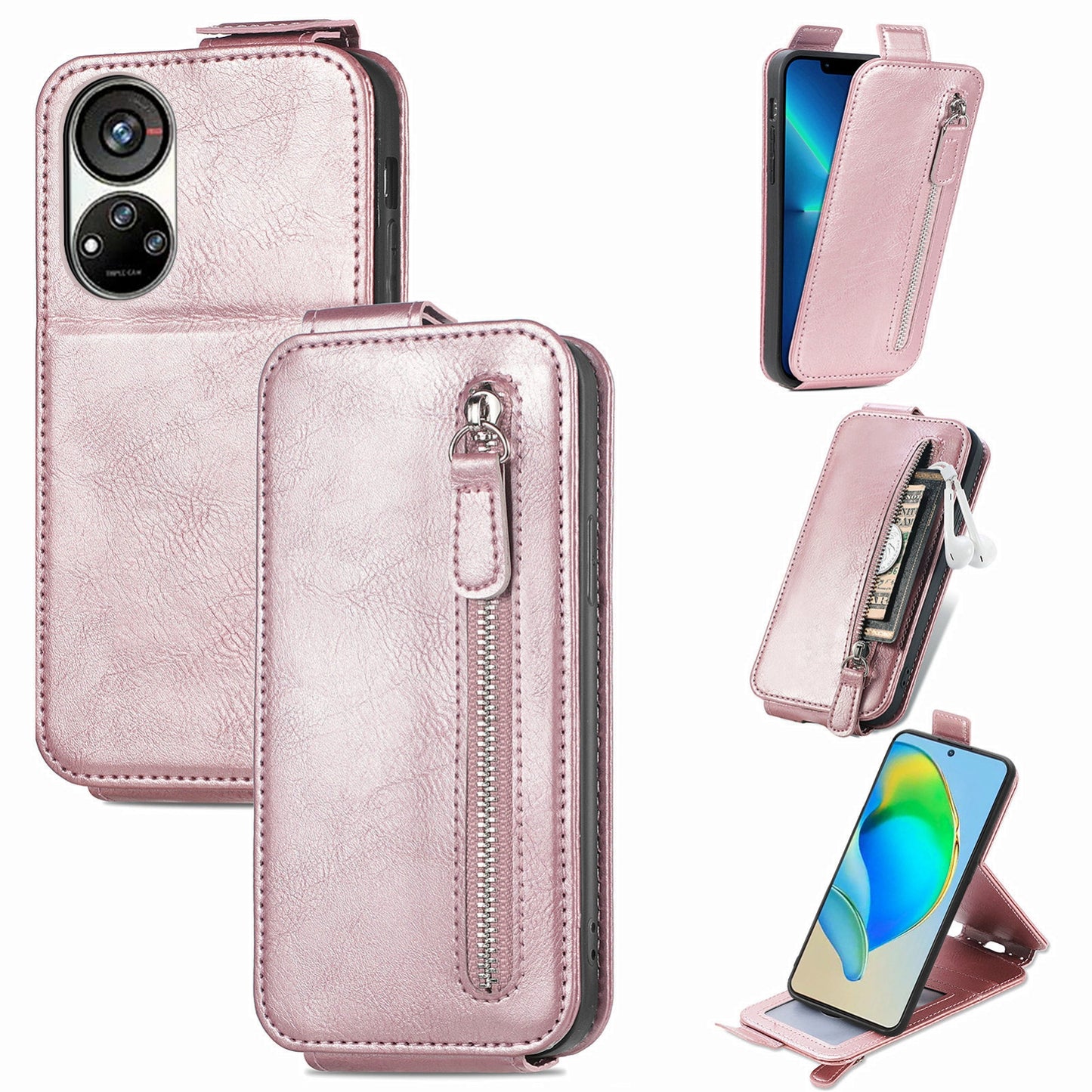 ZTE Blade V40s Zipper Wallet Case - Vertical Flip Leather Phone Cover with Multiple Card Slots and Stand