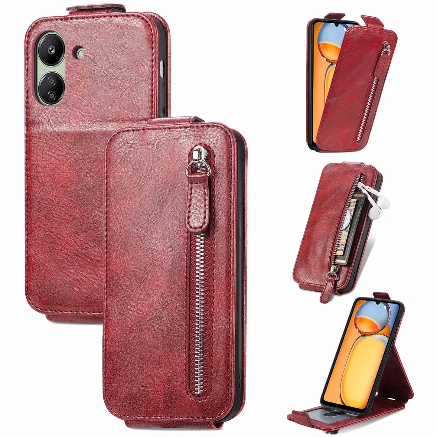 Xiaomi Redmi 13C 4G Zipper Wallet Case - Vertical Flip Leather Phone Cover with Multiple Card Slots and Stand