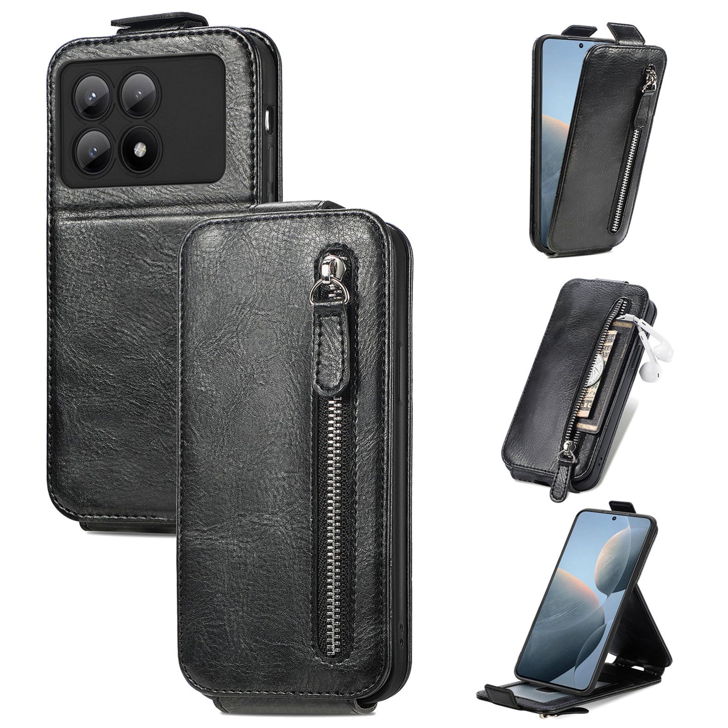 Xiaomi Redmi K70E Zipper Wallet Case - Vertical Flip Leather Phone Cover with Multiple Card Slots and Stand