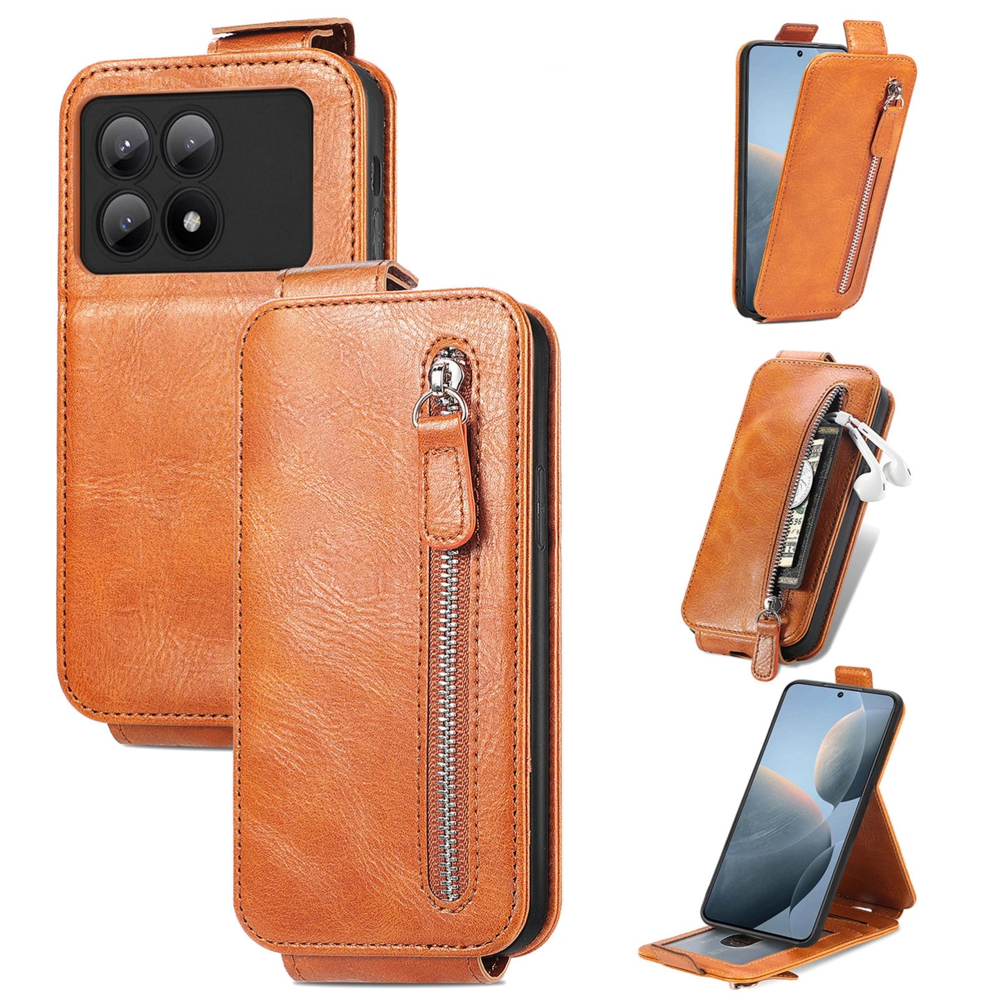 Xiaomi Redmi K70E Zipper Wallet Case - Vertical Flip Leather Phone Cover with Multiple Card Slots and Stand