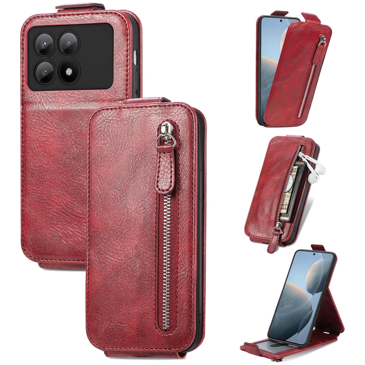 Xiaomi Redmi K70E Zipper Wallet Case - Vertical Flip Leather Phone Cover with Multiple Card Slots and Stand