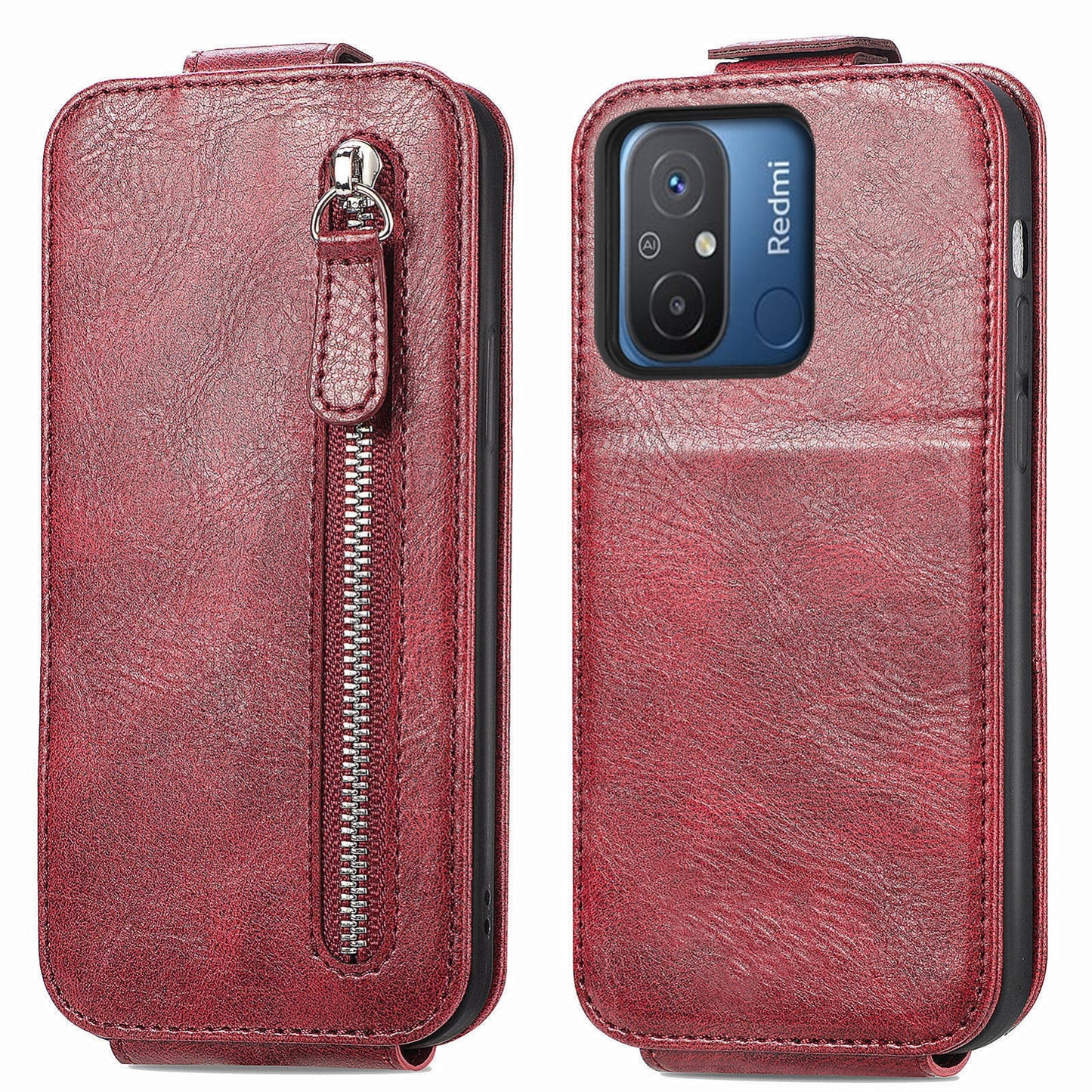 Xiaomi Redmi 12C Zipper Wallet Case - Vertical Flip Leather Phone Cover with Multiple Card Slots and Stand