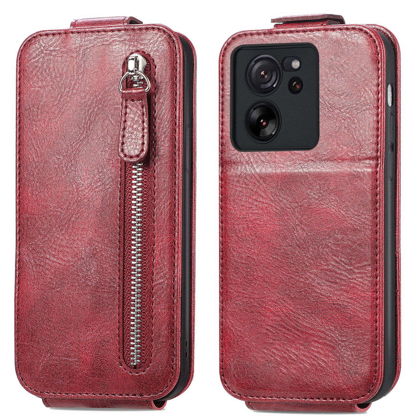 Xiaomi 13T Zipper Wallet Case - Vertical Flip Leather Phone Cover with Multiple Card Slots and Stand