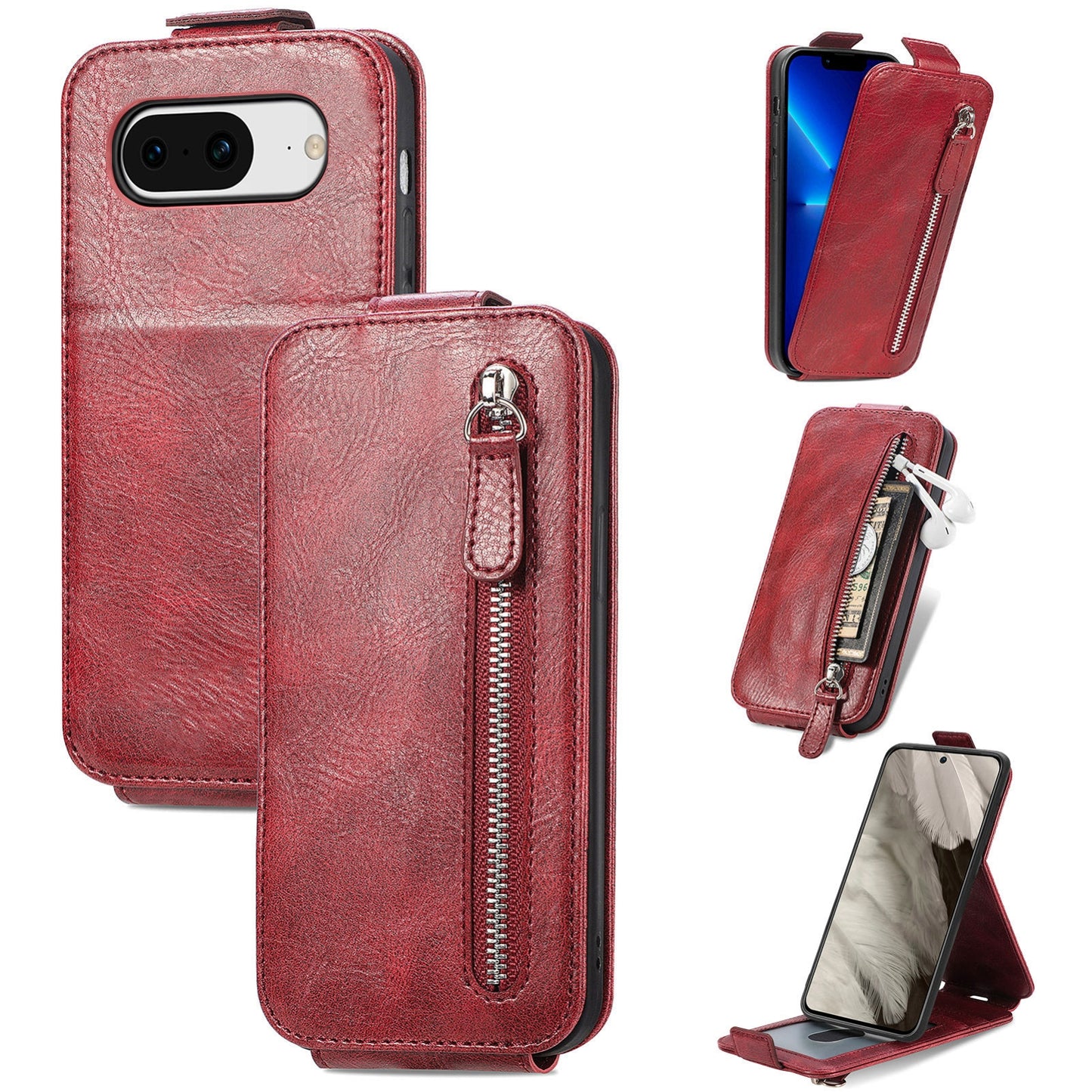 Google Pixel 8 Zipper Wallet Case - Vertical Flip Leather Phone Cover with Multiple Card Slots and Stand