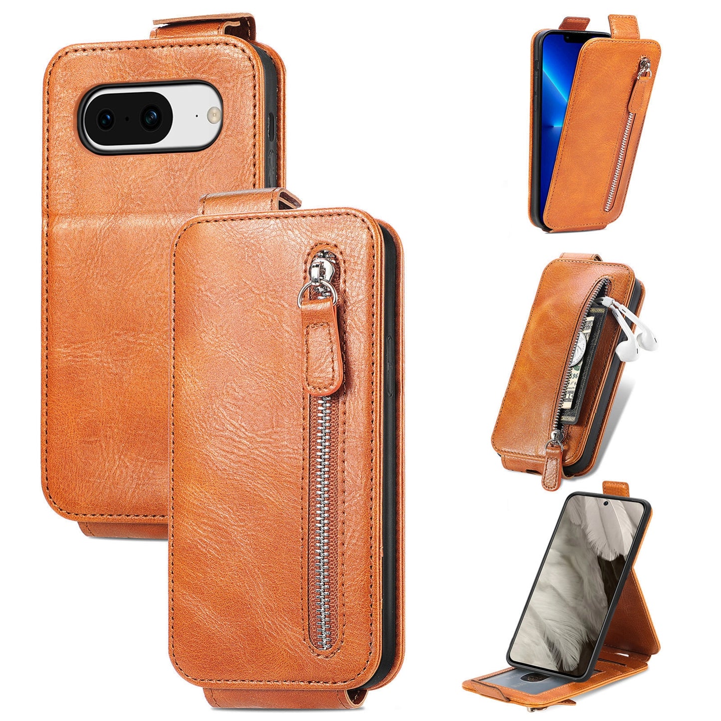 Google Pixel 8 Zipper Wallet Case - Vertical Flip Leather Phone Cover with Multiple Card Slots and Stand