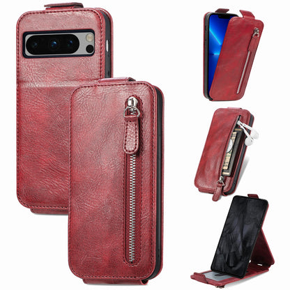 Google Pixel 8 Pro Zipper Wallet Case - Vertical Flip Leather Phone Cover with Multiple Card Slots and Stand