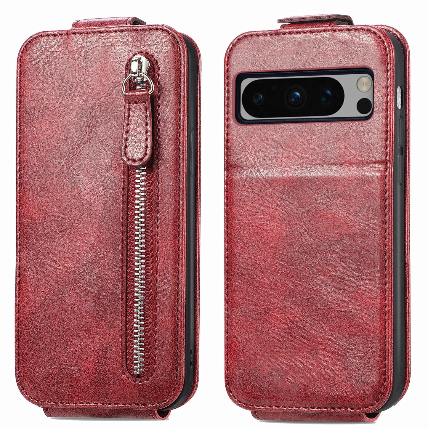 Google Pixel 8 Pro Zipper Wallet Case - Vertical Flip Leather Phone Cover with Multiple Card Slots and Stand