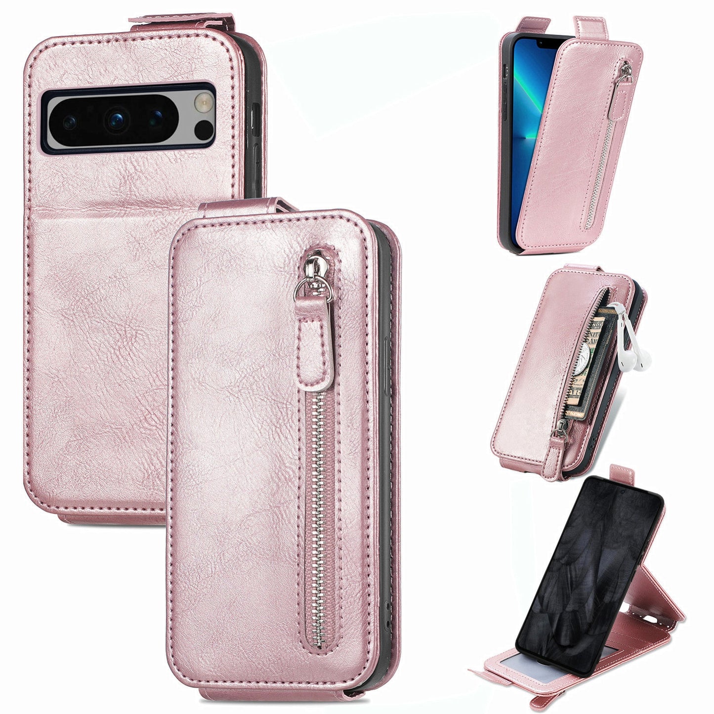 Google Pixel 8 Pro Zipper Wallet Case - Vertical Flip Leather Phone Cover with Multiple Card Slots and Stand