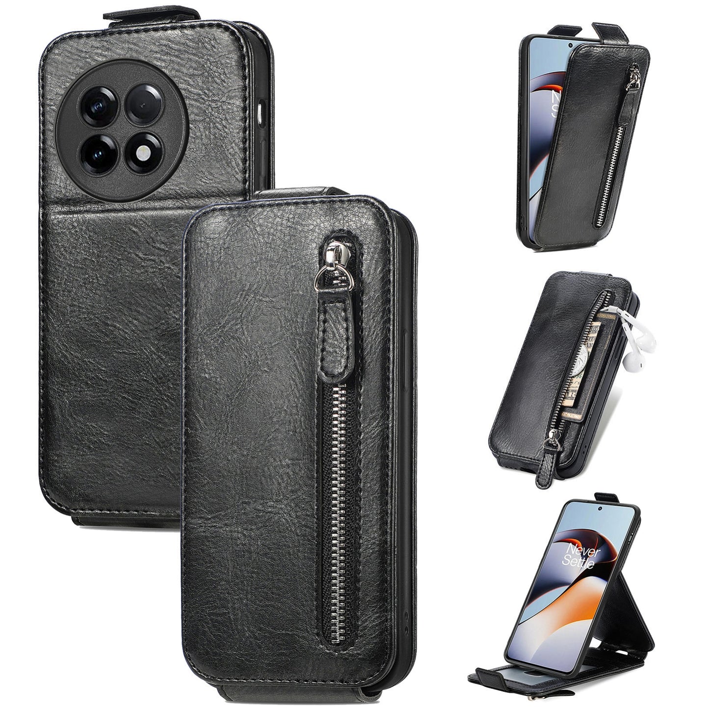 OnePlus Ace 2 Zipper Wallet Case - Vertical Flip Leather Phone Cover with Multiple Card Slots and Stand