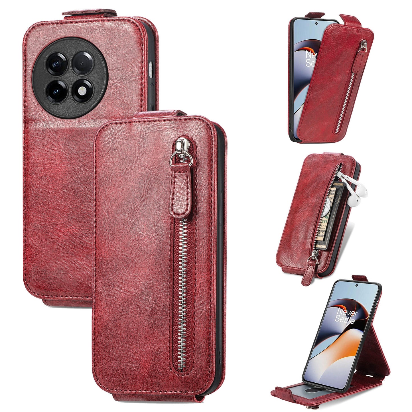 OnePlus Ace 2 Zipper Wallet Case - Vertical Flip Leather Phone Cover with Multiple Card Slots and Stand