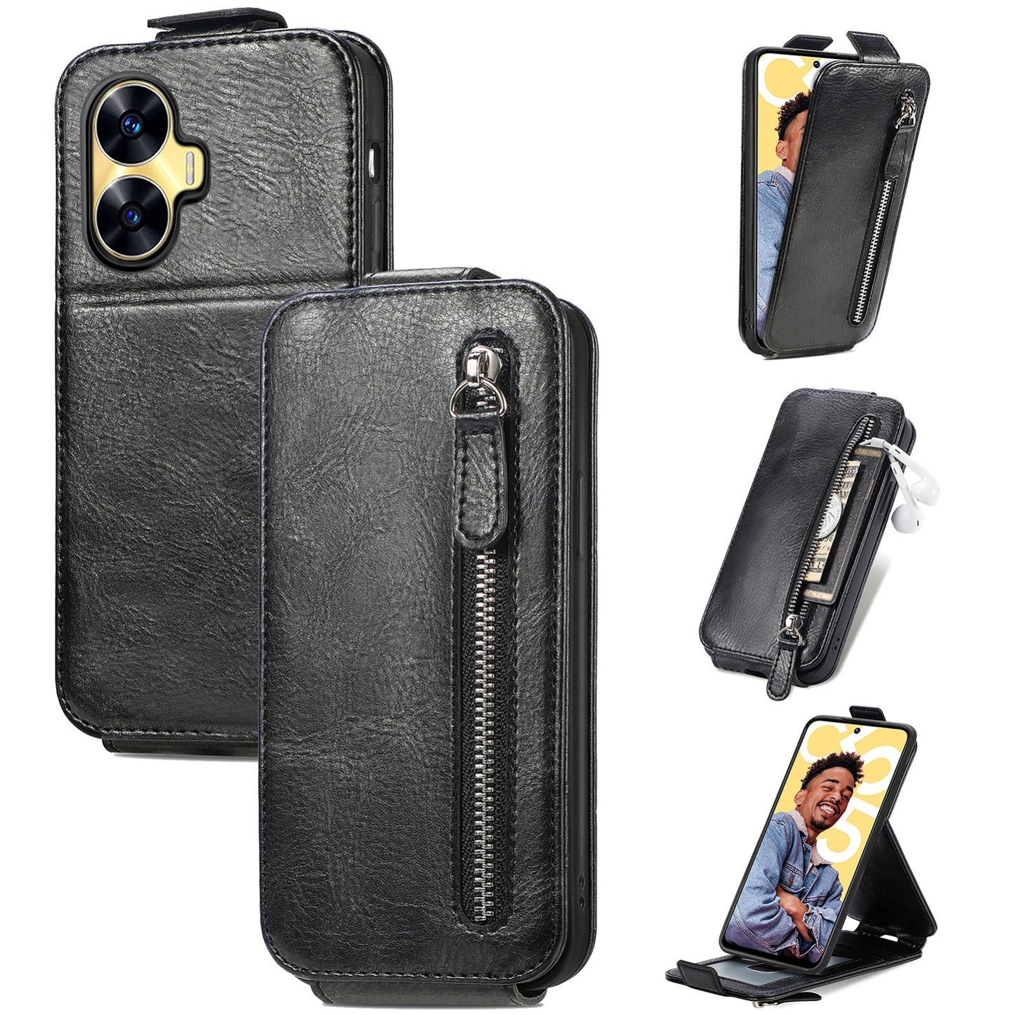 Realme C55 Zipper Wallet Case - Vertical Flip Leather Phone Cover with Multiple Card Slots and Stand