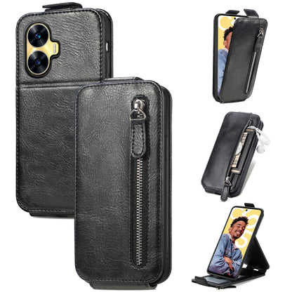 Realme C55 Zipper Wallet Case - Vertical Flip Leather Phone Cover with Multiple Card Slots and Stand