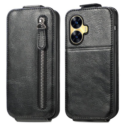 Realme C55 Zipper Wallet Case - Vertical Flip Leather Phone Cover with Multiple Card Slots and Stand