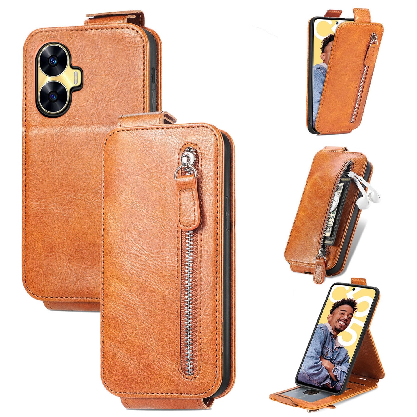 Realme C55 Zipper Wallet Case - Vertical Flip Leather Phone Cover with Multiple Card Slots and Stand