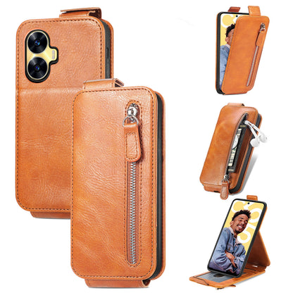 Realme C55 Zipper Wallet Case - Vertical Flip Leather Phone Cover with Multiple Card Slots and Stand