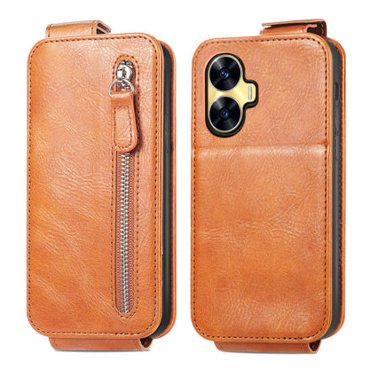 Realme C55 Zipper Wallet Case - Vertical Flip Leather Phone Cover with Multiple Card Slots and Stand