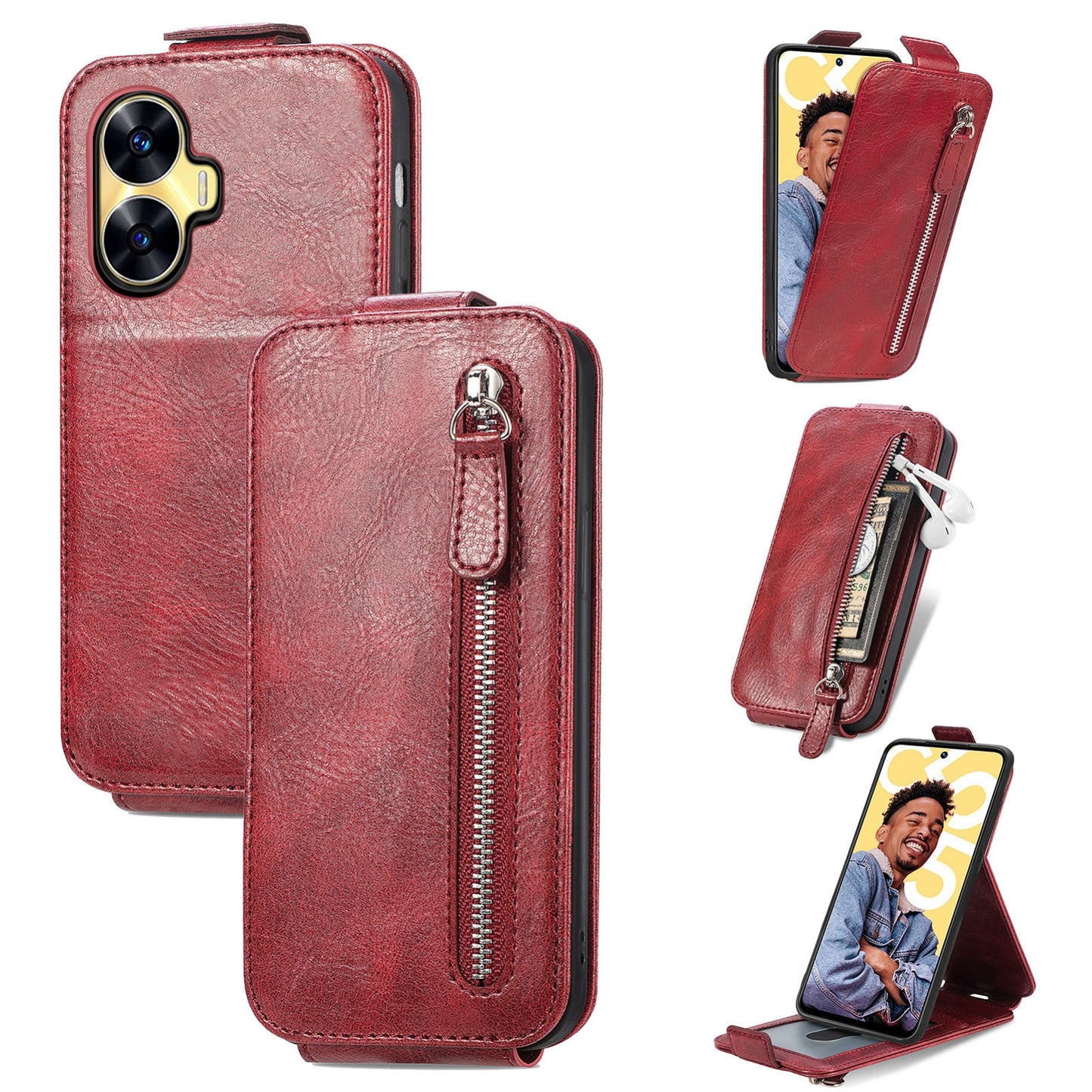 Realme C55 Zipper Wallet Case - Vertical Flip Leather Phone Cover with Multiple Card Slots and Stand