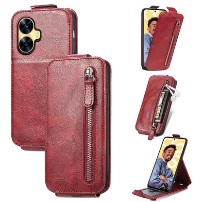 Realme C55 Zipper Wallet Case - Vertical Flip Leather Phone Cover with Multiple Card Slots and Stand