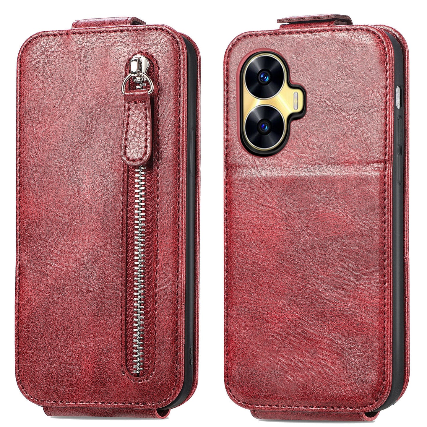 Realme C55 Zipper Wallet Case - Vertical Flip Leather Phone Cover with Multiple Card Slots and Stand