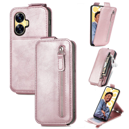 Realme C55 Zipper Wallet Case - Vertical Flip Leather Phone Cover with Multiple Card Slots and Stand