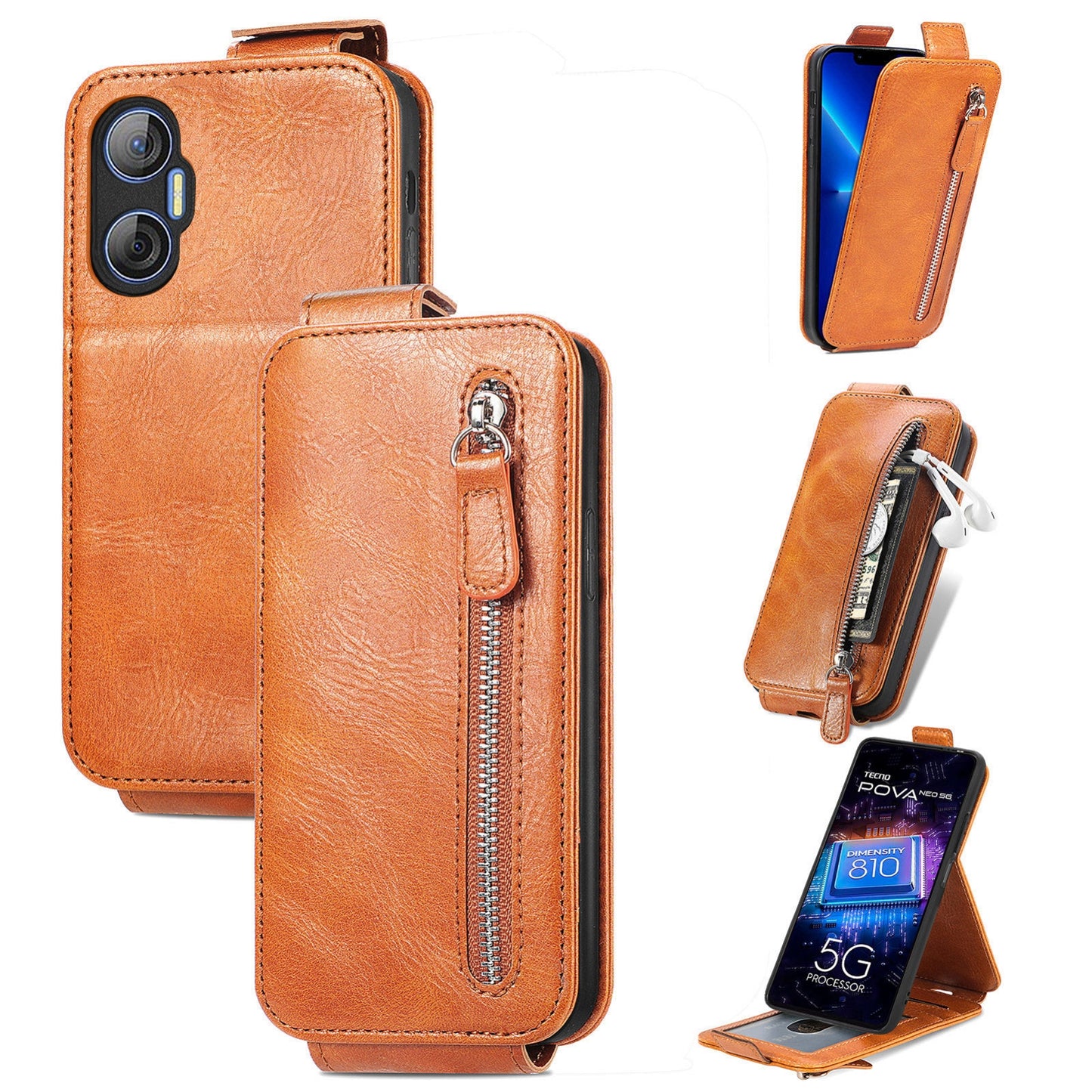 Tecno Pova Neo 5G Zipper Wallet Case - Vertical Flip Leather Phone Cover with Multiple Card Slots and Stand