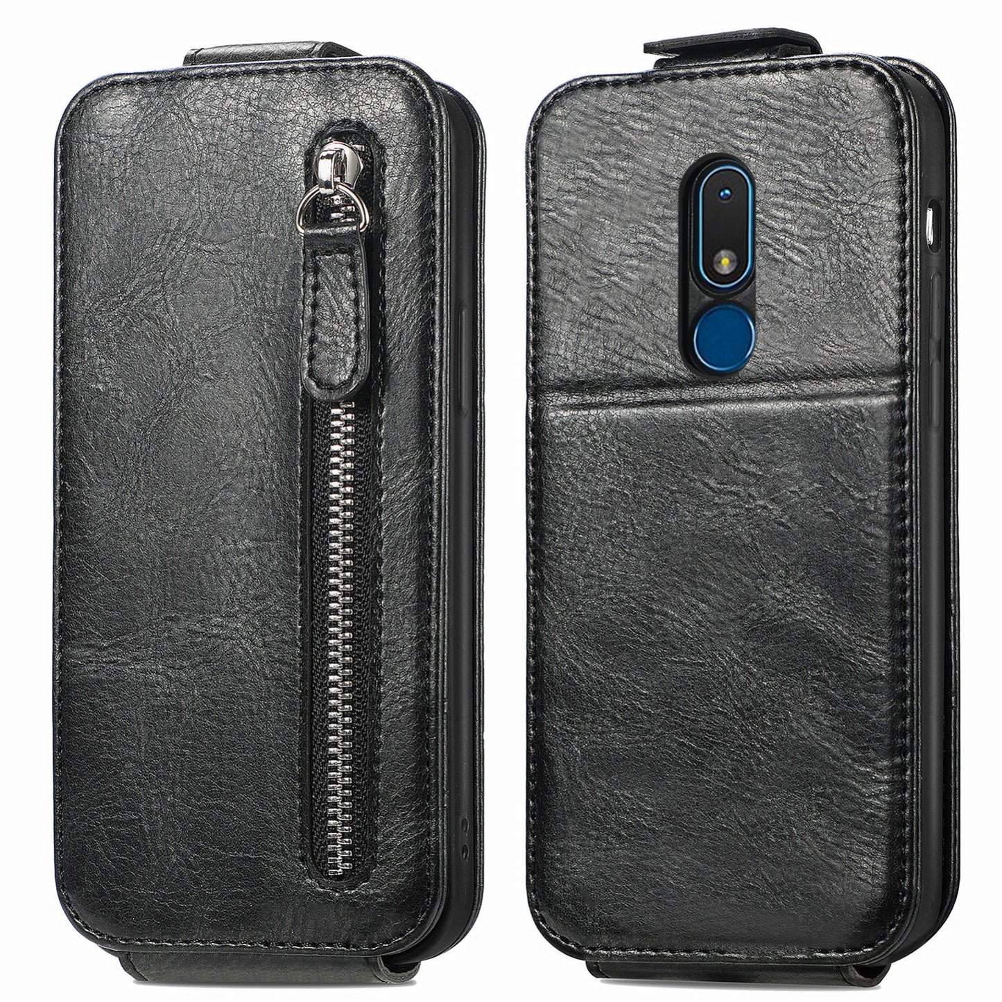 Nokia C3 Zipper Wallet Case - Vertical Flip Leather Phone Cover with Multiple Card Slots and Stand