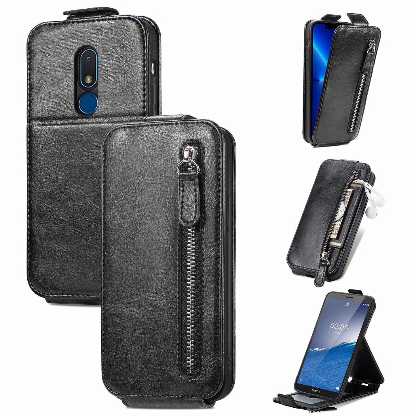 Nokia C3 Zipper Wallet Case - Vertical Flip Leather Phone Cover with Multiple Card Slots and Stand