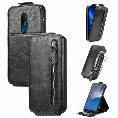 Nokia C3 Zipper Wallet Case - Vertical Flip Leather Phone Cover with Multiple Card Slots and Stand