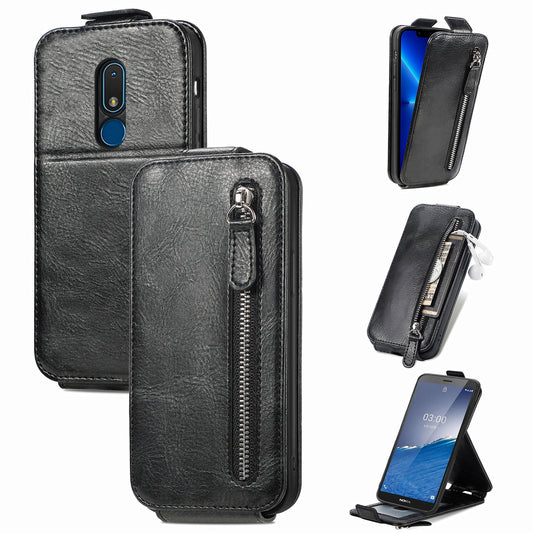 Nokia C3 Zipper Wallet Case - Vertical Flip Leather Phone Cover with Multiple Card Slots and Stand