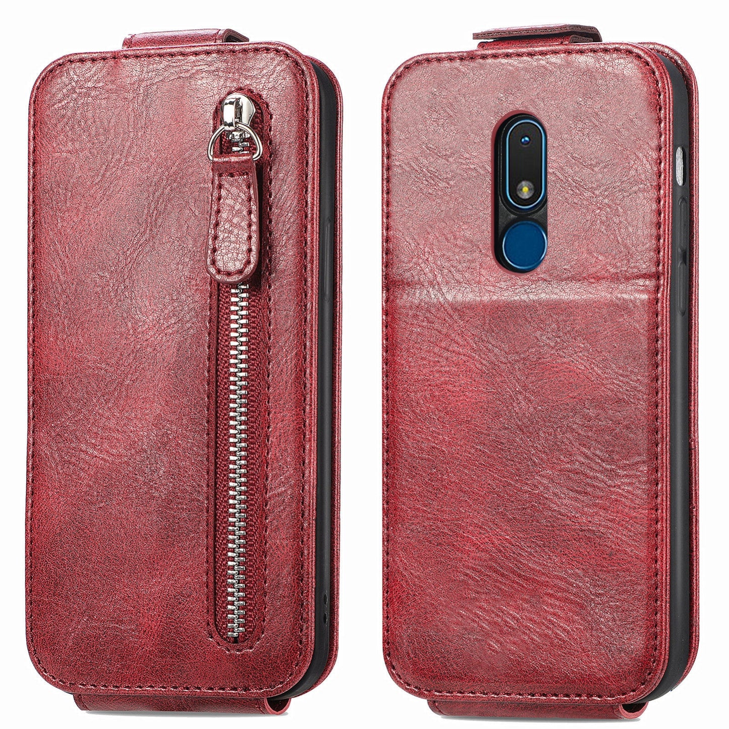 Nokia C3 Zipper Wallet Case - Vertical Flip Leather Phone Cover with Multiple Card Slots and Stand