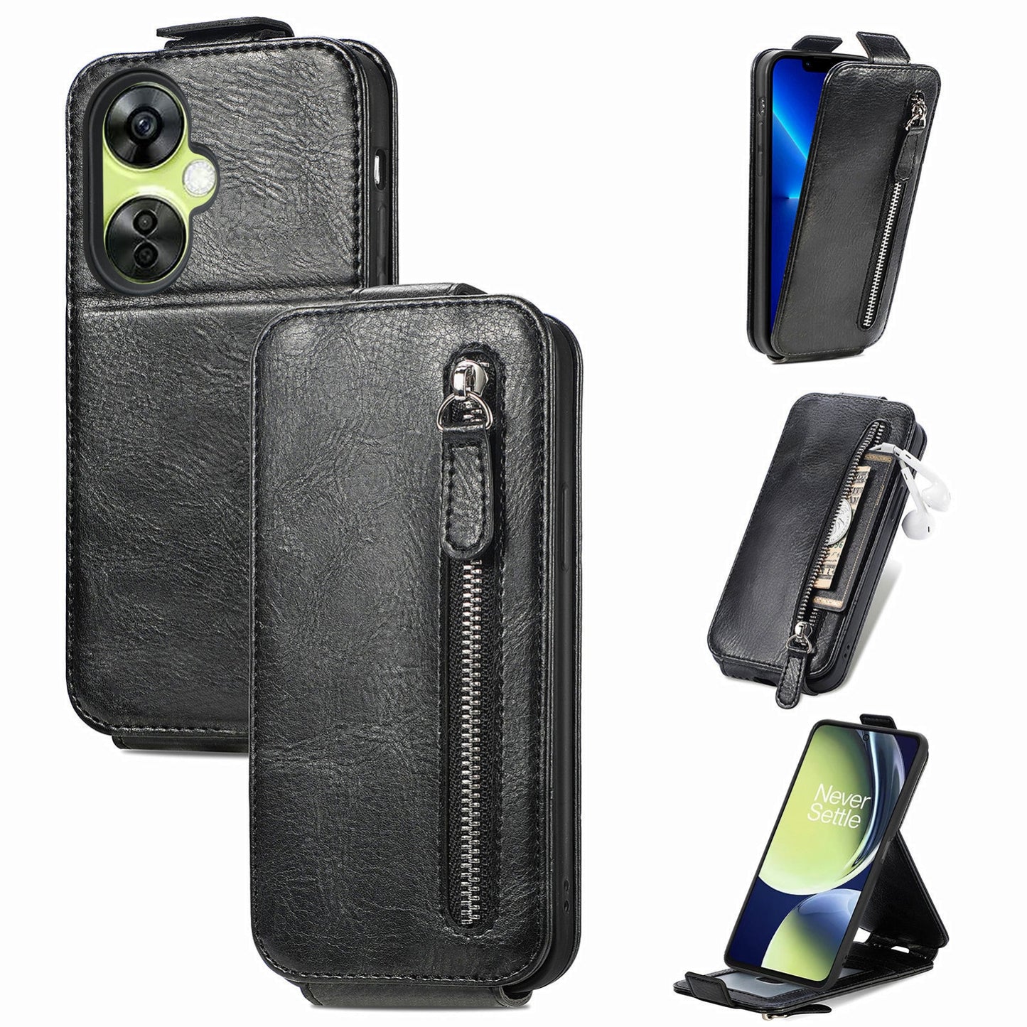OnePlus Nord CE 3 Lite Zipper Wallet Case - Vertical Flip Leather Phone Cover with Multiple Card Slots and Stand