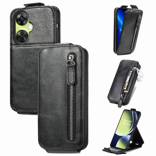 OnePlus Nord CE 3 Lite Zipper Wallet Case - Vertical Flip Leather Phone Cover with Multiple Card Slots and Stand