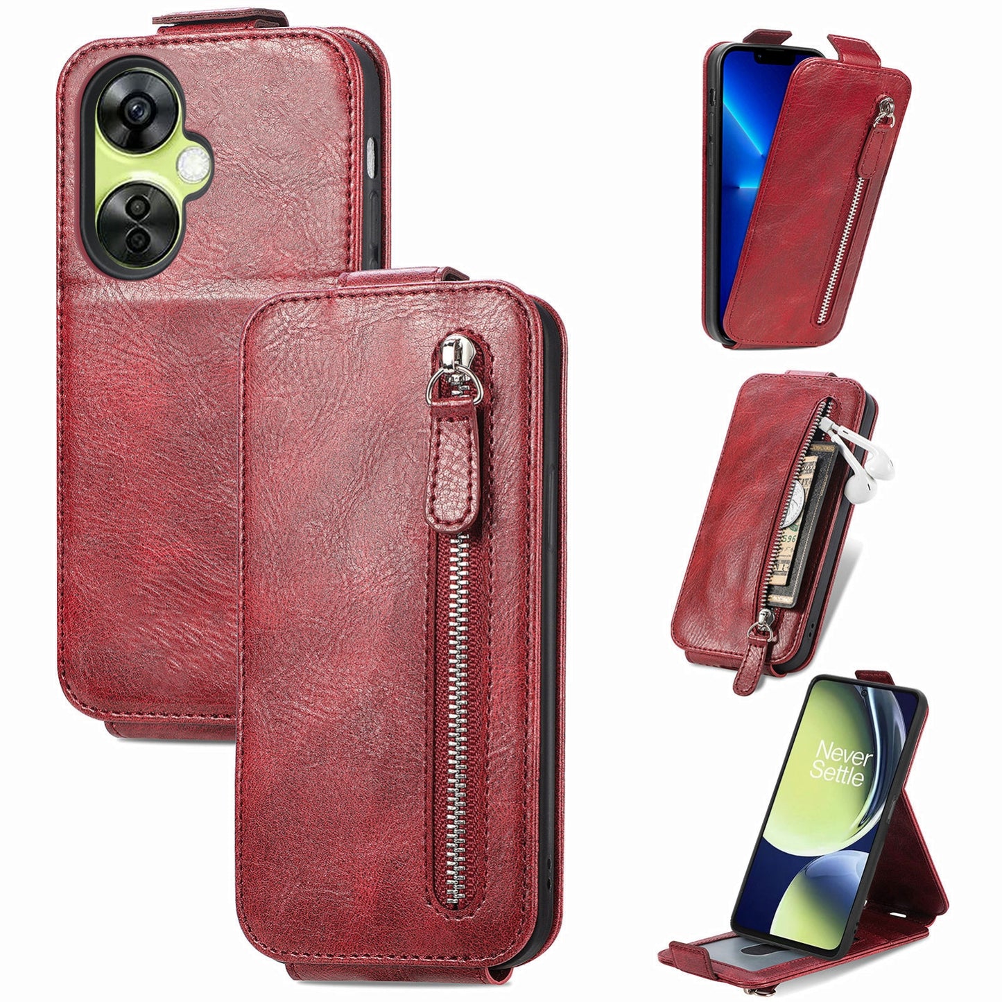 OnePlus Nord CE 3 Lite Zipper Wallet Case - Vertical Flip Leather Phone Cover with Multiple Card Slots and Stand