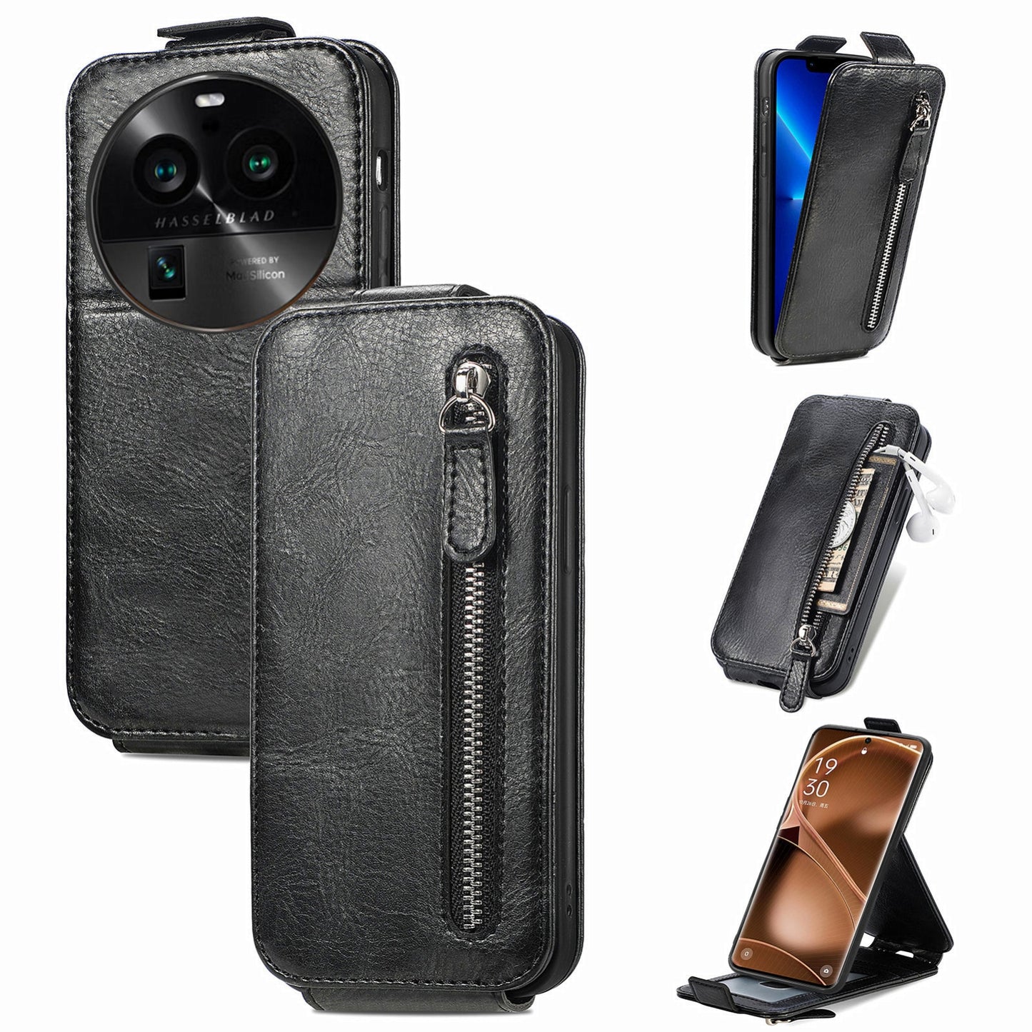 OPPO Find X6 Pro Zipper Wallet Case - Vertical Flip Leather Phone Cover with Multiple Card Slots and Stand
