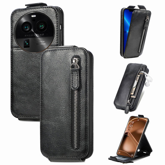 OPPO Find X6 Pro Zipper Wallet Case - Vertical Flip Leather Phone Cover with Multiple Card Slots and Stand