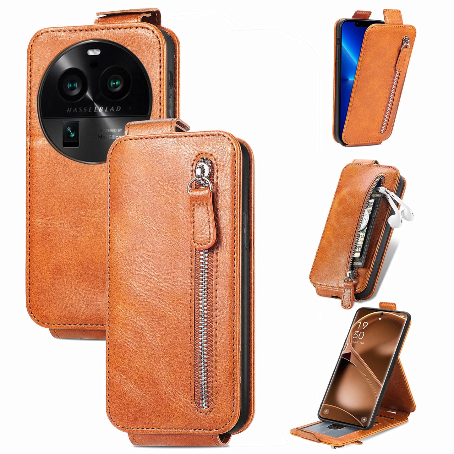 OPPO Find X6 Pro Zipper Wallet Case - Vertical Flip Leather Phone Cover with Multiple Card Slots and Stand