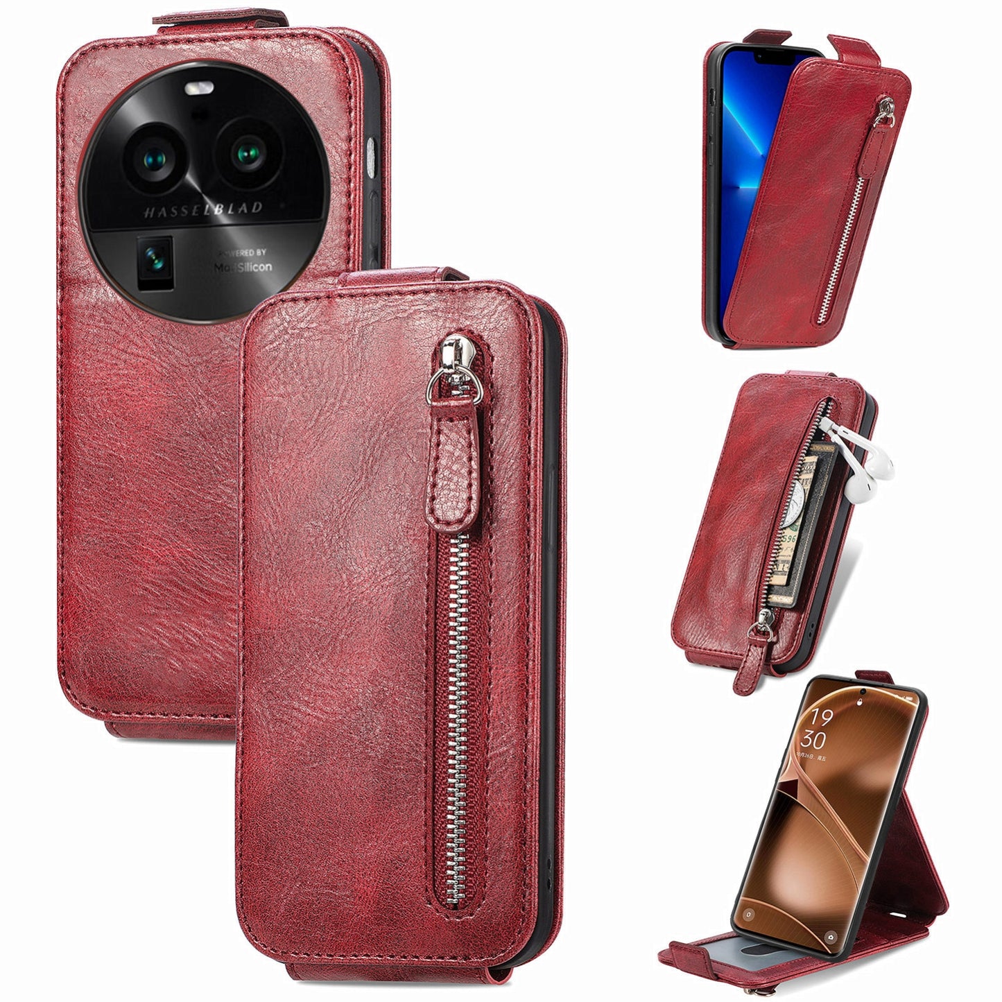 OPPO Find X6 Pro Zipper Wallet Case - Vertical Flip Leather Phone Cover with Multiple Card Slots and Stand