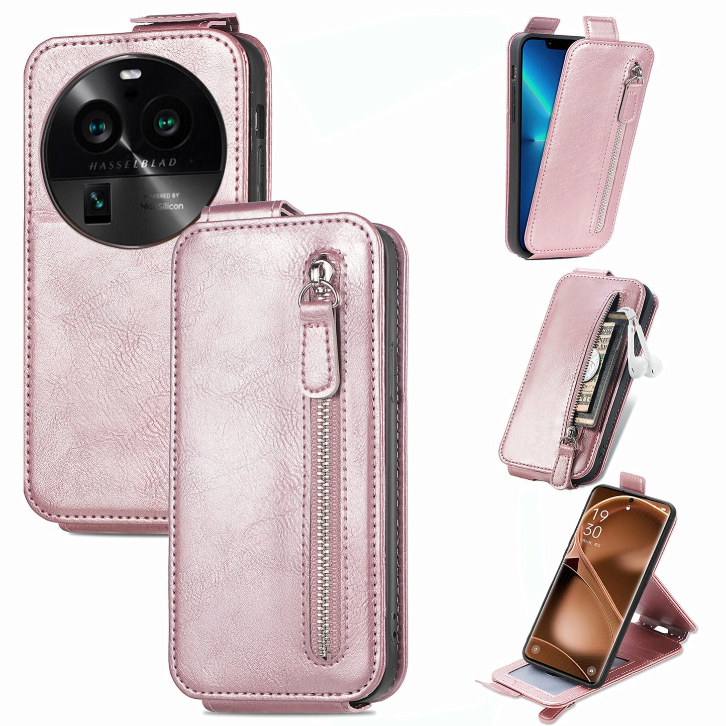 OPPO Find X6 Pro Zipper Wallet Case - Vertical Flip Leather Phone Cover with Multiple Card Slots and Stand