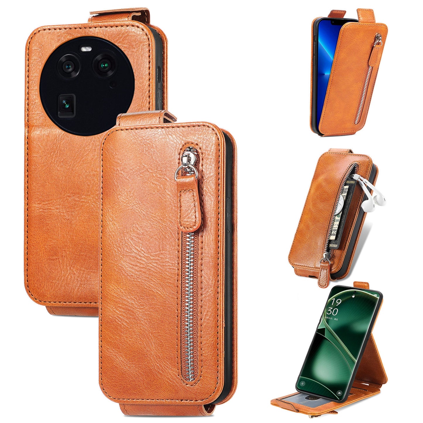 OPPO FInd X6 Zipper Wallet Case - Vertical Flip Leather Phone Cover with Multiple Card Slots and Stand
