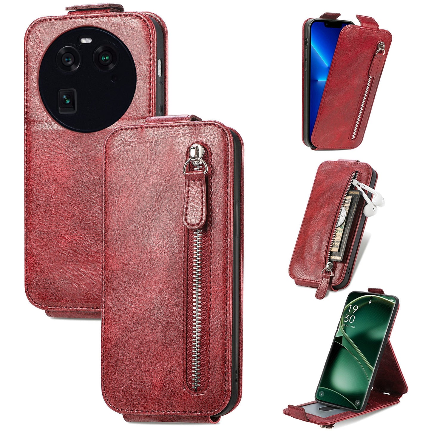 OPPO FInd X6 Zipper Wallet Case - Vertical Flip Leather Phone Cover with Multiple Card Slots and Stand