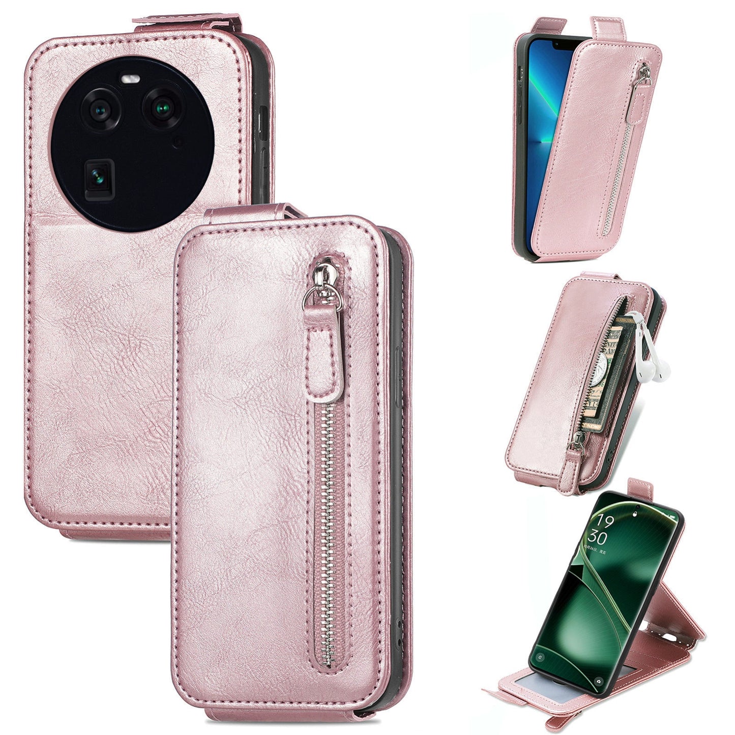 OPPO FInd X6 Zipper Wallet Case - Vertical Flip Leather Phone Cover with Multiple Card Slots and Stand