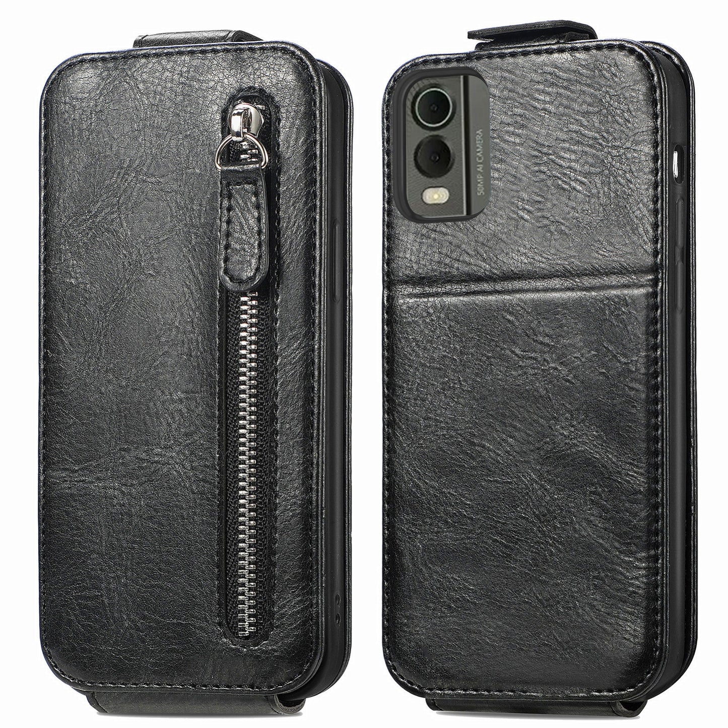Nokia C32 Zipper Wallet Case - Vertical Flip Leather Phone Cover with Multiple Card Slots and Stand