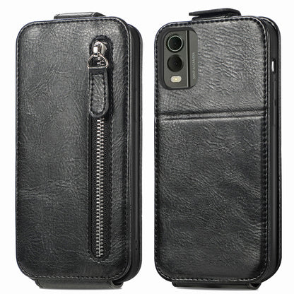 Nokia C32 Zipper Wallet Case - Vertical Flip Leather Phone Cover with Multiple Card Slots and Stand