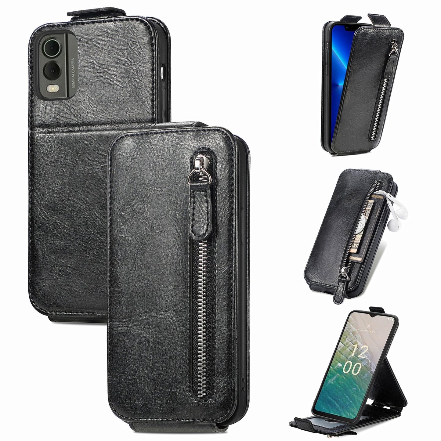 Nokia C32 Zipper Wallet Case - Vertical Flip Leather Phone Cover with Multiple Card Slots and Stand