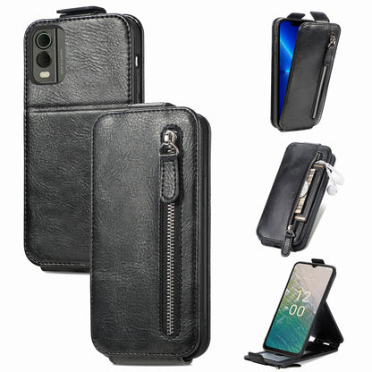 Nokia C32 Zipper Wallet Case - Vertical Flip Leather Phone Cover with Multiple Card Slots and Stand