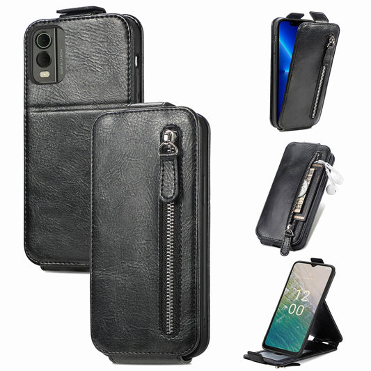 Nokia C32 Zipper Wallet Case - Vertical Flip Leather Phone Cover with Multiple Card Slots and Stand