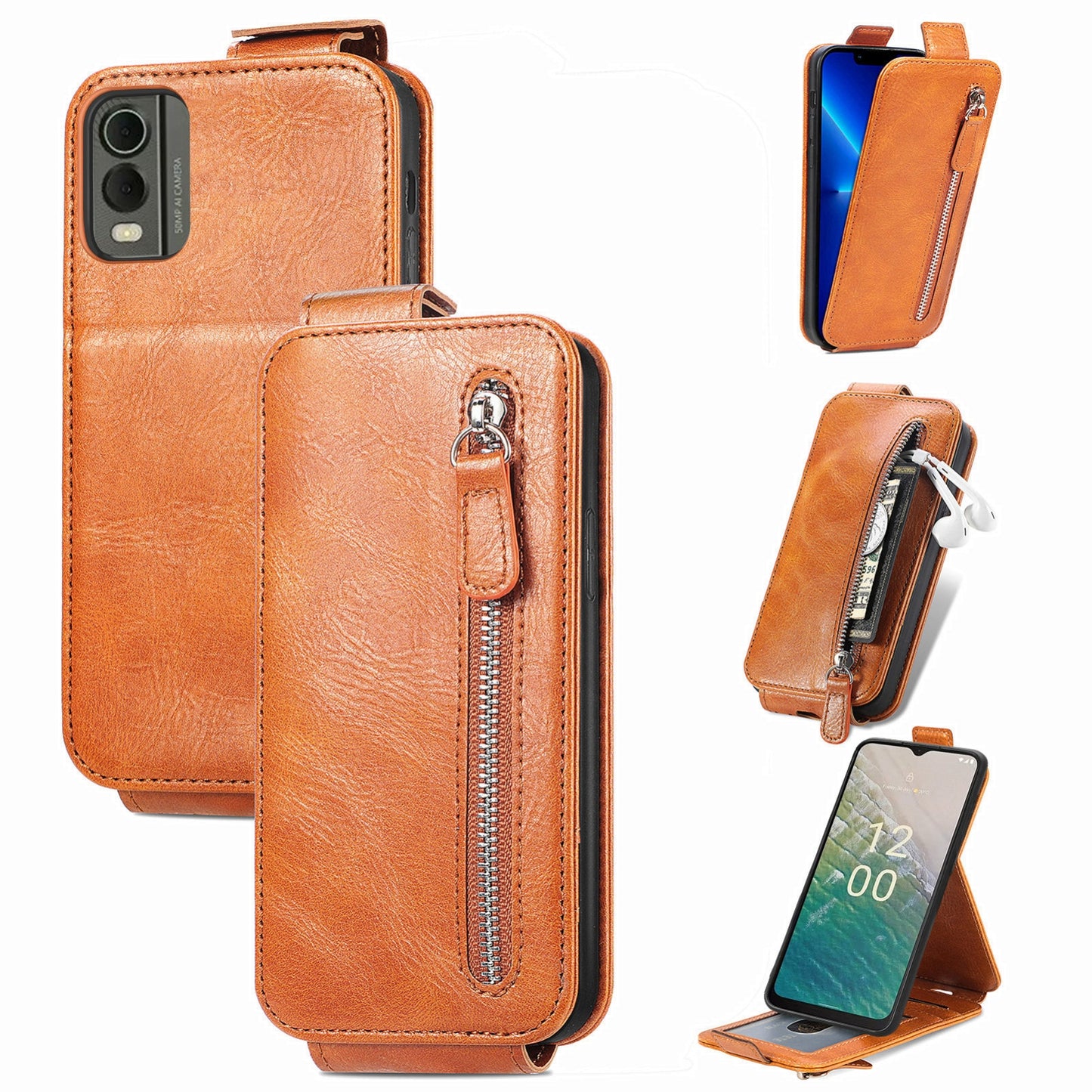 Nokia C32 Zipper Wallet Case - Vertical Flip Leather Phone Cover with Multiple Card Slots and Stand